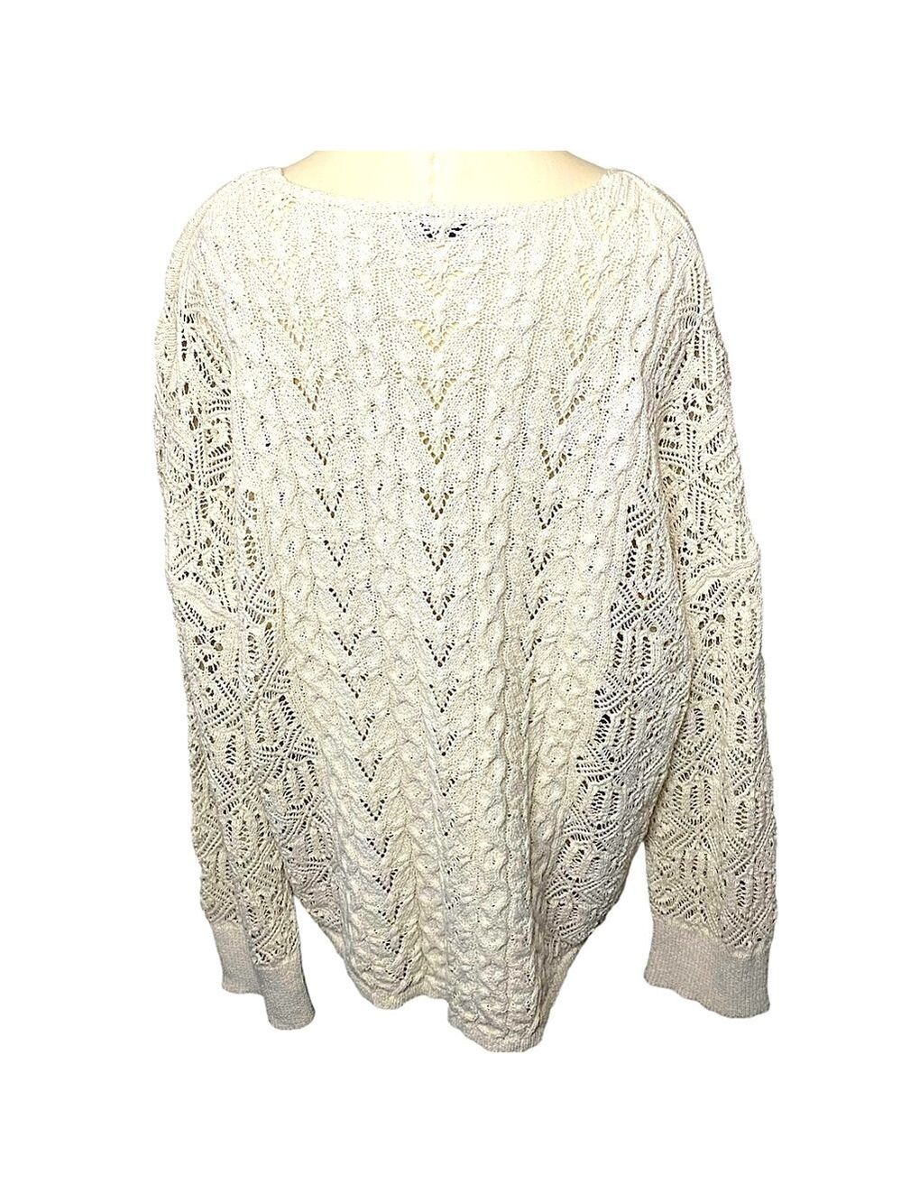 Zara Beige Crochet Cable Knit Sweater Sz S Oversized V Neck Long Sleeve Pullover - Picture 2 of 14